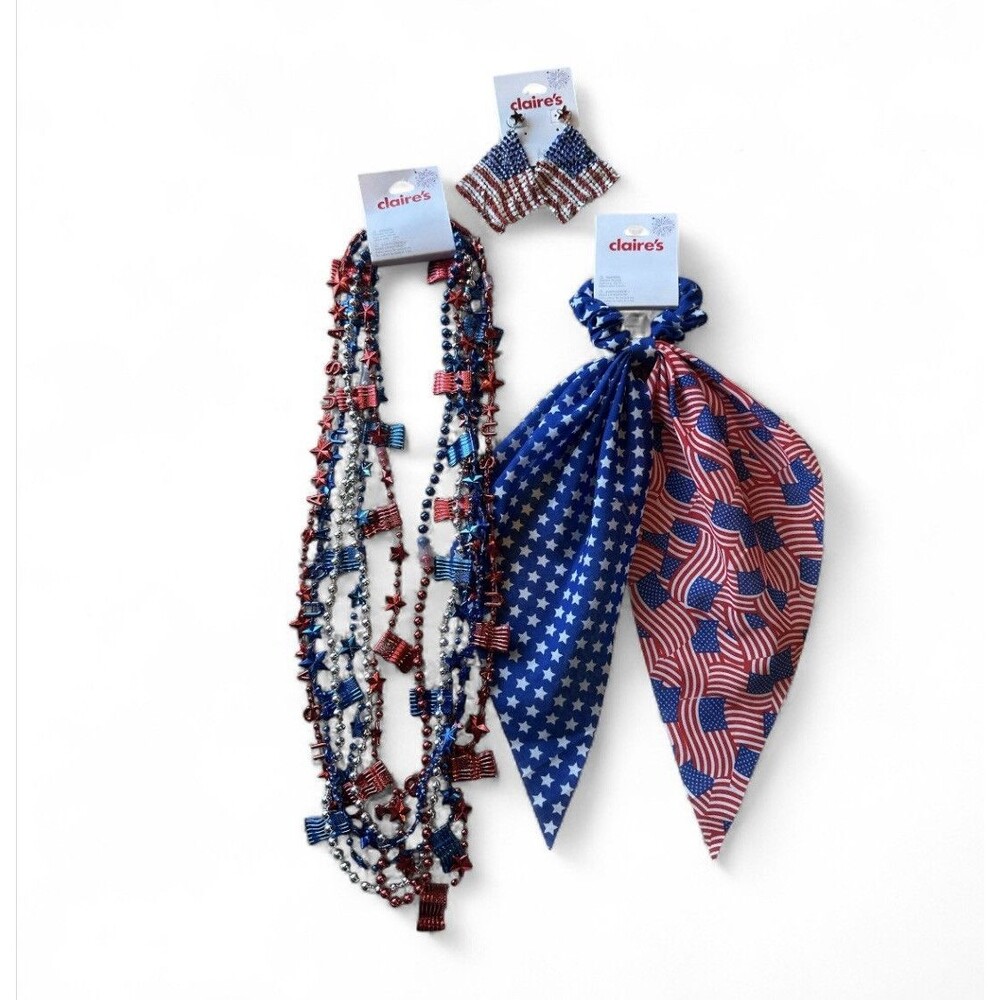 NWT Lot 3 Claire's Patriotic 4th of July Earrings 6 Necklaces Hair Bow NEW